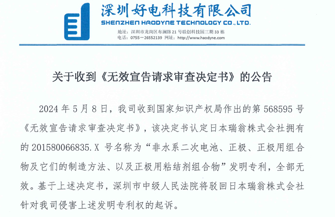 关于收到《无效宣告请求审查决定书》的公告